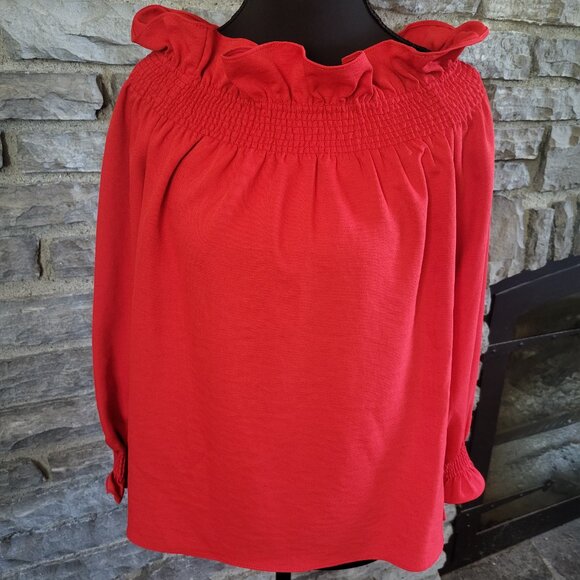 Tuckernuck Marguerite Off The Shoulder Blouse Red Smocked Ruffled Romantic Small - Picture 2 of 12